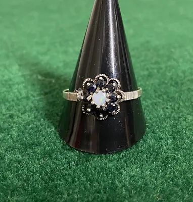 Vintage Sterling Silver Opal & Black Spinel Flower Ring Size (W) • £45