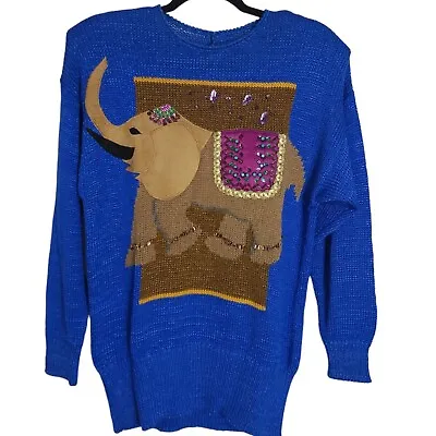 Vintage Womens Sweater Blue Brown Leather Elephant Beaded Knit Pullover M L • $35