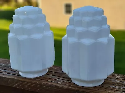 Pair Art Deco Milk Glass 4 Tiered Skyscraper Pendant Ceiling Lamp Shades Nice • $165