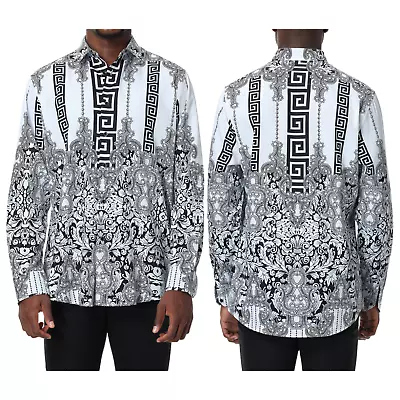 Mens PREMIERE Long Sleeve Button Down Dress Shirt WHITE TRIBAL GEOMETRIC 744 • $39.99