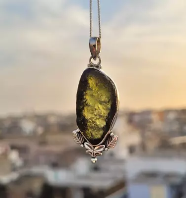 Large Moldavite Rough Pendant 925 Sterling Silver Pendant Handmade Boho Designer • $32.49