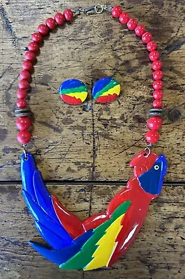 VTG 1980s Painted Ceramic Macaw Parrot Bird Beaded Multicolor Necklace Earrings • $30