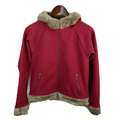 Marmot Sz M Red Furlong Soft Shell Faux Fur Trim Zip Hooded Jacket Ski Snowboard • $22.99