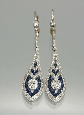 4.25Ct Sapphire Lab Created Art Deco Drop Dangle Earrings 14K White Gold Plated • $121.49