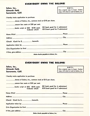 PCL Sacramento Solons 1950s Stock Application Sacramento Baseball Association • $9