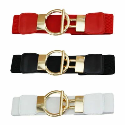 Womens Belt Stretch Elastic Wide Waist Ladies Dress Waistband Metal Buckle Party • £5.12