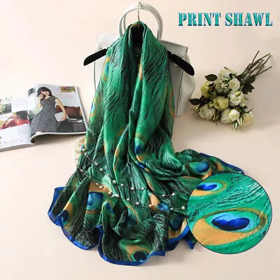 90*180cm Chiffon Silk Scarf Green Peacock Feather Print Long Shawl Pashmina Wrap • $8.88