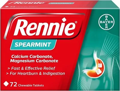 Rennie Antacids Spearmint Flavour Heartburn Relief Acid Reflux 72 Tablets • £8.39