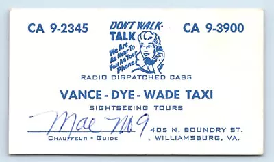 Vintage Business Card - Vance - Dye - Wade Taxi - Sightseeing - Williamsburg VA • $4.95