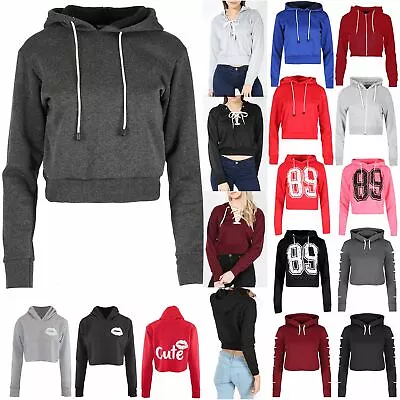 Womens Plain Crop Hoody Long Sleeve Fleece Sweatshirt Ladies Pullover Hooded Top • £7.99