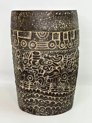 Vtg Mayan Aztec Style Terra Cotta Earthenware Glazed Interior Incised Vase 9 1/4 • $120