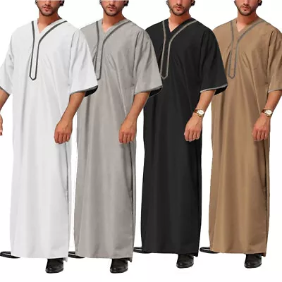 Muslim Mens Robe Clothing Saudi Arab Jubba Kaftan Dishdash Long Sleeve Thobe • £15.99