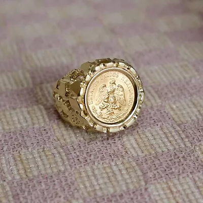 VINTAGE 1945 MEXICAN DOS PESOS COIN SET IN 14KYG UNISEX NUGGET RING (size Five) • $795