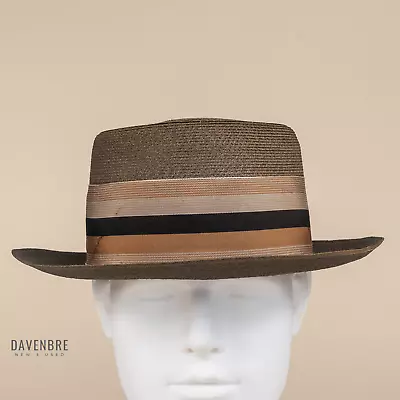 Vintage 50's Stetson Premier Straw Fedora Pork Pie Hat Mens 7 3/8 Coconut Brown • $122.95