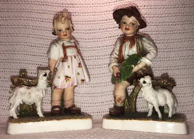 Antique Capodimonte Carlo Mollica Majolica Boy Girl Lamb Sheep Figurines Italy • $200