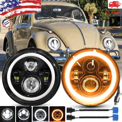 $47.13 • Buy Pair 7  Inch Round LED Headlights Hi/Low Beam Halo DRL For VW Beetle 1950-1979