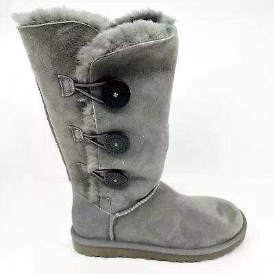 UGG Bailey Button Triplet Grey Womens Sheepskin Suede Tall Boots • $144.95