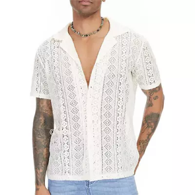 Mens Crochet Floral Lace Short Sleeve Shirt See-Through Mesh Collared Top Party • $17.99