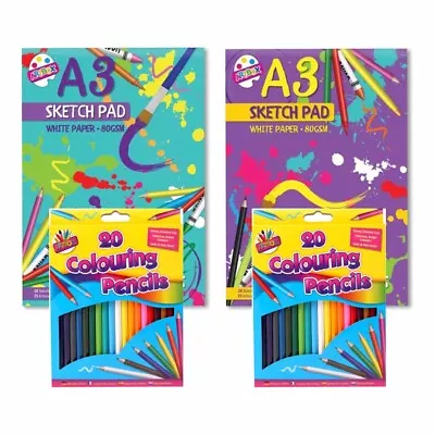 £8.79 • Buy 2 X A3 Sketch Pad 30 Sheets With 40 Pencil Colours For Kids Adults Drawing Hobby