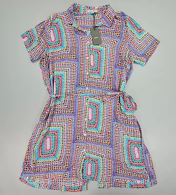 AllSaints Womens Shirt Dress Blue 14 UK Athea Rainbow Design Short Sleeves • £49.99