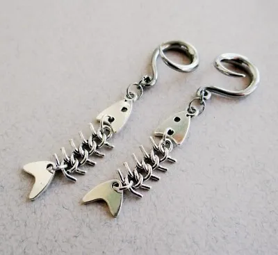 Ear Weights Gauges Fish Skeleton Bone Dangle Plugs Gothic Jewelry Tunnels PAIR • $27