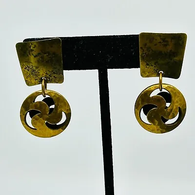 Marjorie Baer Earrings Dangle Disc Open Cut Out Bronze Tone Modernist Brutalist • $29.95