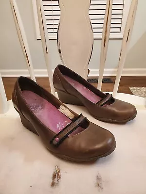 Merrell Petunia Brown Leather Dressy Wedge Mary Jane Dress Shoes Vibram Size 7.5 • $21.99