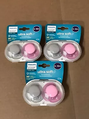 LOT OF 3 (2 In Each) Philips Avent Ultra Soft Pacifiers 3 Pink/3 Gray ALL SEALED • $19.99