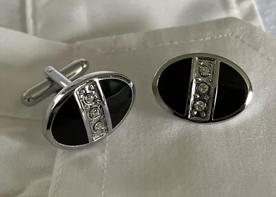 £4.50 • Buy Oval Silver Tone Metal Black Enamel And Diamantes Cufflinks