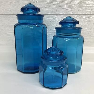 Vtg LE Smith 3x Blue Glass Paneled Canister Apothecary Jar Star Lid 5” 9.5” 12” • $79