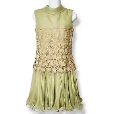 Vintage 60s Miss Elliette Sage Green Pleated Chiffon Chrocheted Lace Dress • $69.99
