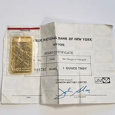 1 Oz .9999 Gold JM Johnson Matthey Republic National Bank Of New York - G2865 • $2795