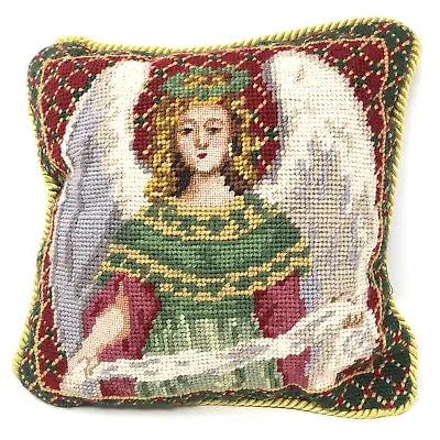 Vintage Handmade Wool Needlepoint Victorian Angel Pillow Green Velvet Back 9” • $33.35