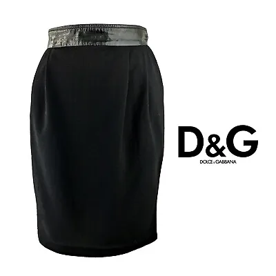 Dolce & Gabbana - 90s Vintage Black Wool Skirt With Latex Belt | Size 6US 38EU • £70.80