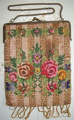 Antique Vintage Micro Beaded Bag Purse With Roses And Fringe • $40