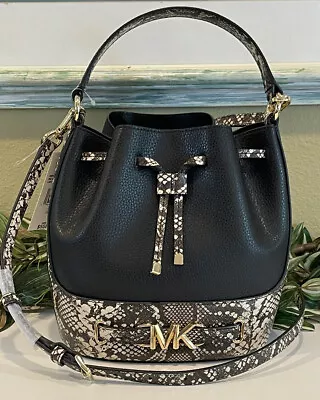 Michael Kors Reed Medium Bucket Snake Crossbody Shoulder Mk Bag Black Leather • $147.99