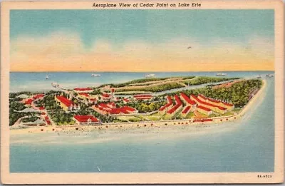 SANDUSKY Ohio Linen Postcard  Aeroplane View Of CEDAR POINT On Lake Erie  1938 • $5.25