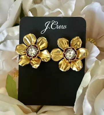 J Crew Flower Floral Stud Gold Clear Crystal Statement Earrings 🌸 • $24.64