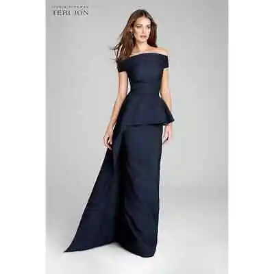 New Teri Jon Jacquard Side Drape Overlay Sparkle Gown Navy Blue Sz 8 • $275