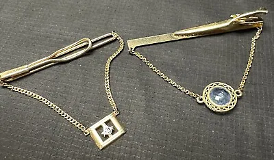 Vintage Chain TIE BAR LOT  Tie Clasp Clip Lot Of 2 Rhinestone Masonic • $14