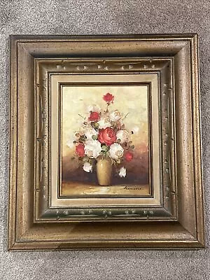 Vintage Painting Canvas Mid Century Still Life Signed Franciose Red Roses Estate • $79.99