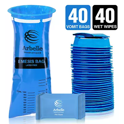 Disposable Vomit Bags Emesis Bags 40 Vomit Bags + 40 Wet Wipes - Premium Quality • $22.99
