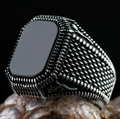 Fashion Black Glass Stone Ring Turkish  Men's Vintage 925 Sterling Silver Plated • $14.99