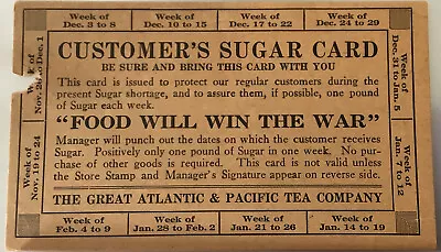 VINTAGE WWII NY Customers Sugar Ration CARD Great Atlantic & Pacific Tea Company • $29.99