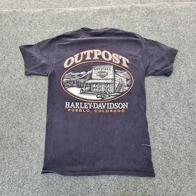 Harley Davidson Shirt Men SMALL Blue Short Sleeve TShirt Outpost Biker Size S • $19.94