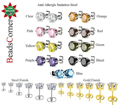 Surgical 316L Stainless Steel Stud Earrings Cubic Zircon Men Women 2PC • $5.99