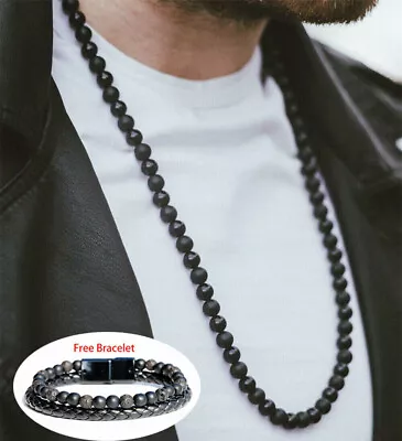 Mens Beads Necklace Black Onyx/matte Gemstone Healing Stone Chakra Free Bracelet • $9.09