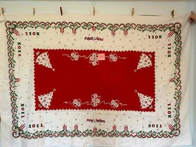 $24 • Buy Large Vintage Christmas Linen Tablecloth 1950s 86x58 NOEL Pinecones Tree Candles