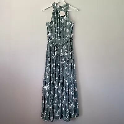 Thanne Dress Size 12 Sleeveless High Neck Maxi Sage Green White Floral NWT  -B4 • $49