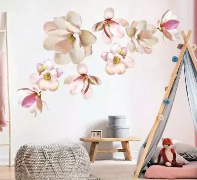 Magnolia Flowers Botanical Wall Decal Kids Nursery Stickers Baby Cot Decor Art • £18.12